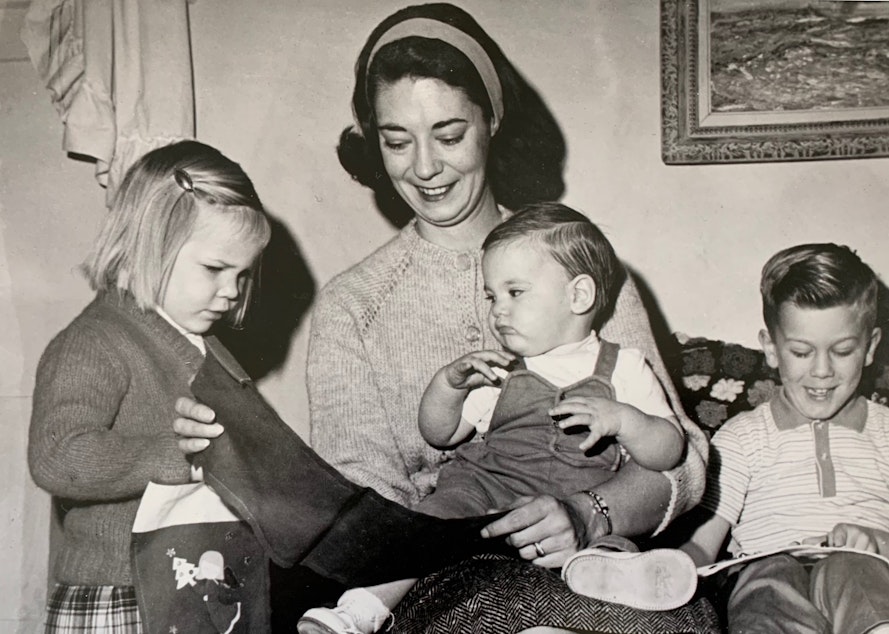 caption: Shirley Nodell in 1968 celebrates Christmas in Port Angeles with her three children, Bobbi, left,Todd and Scott.