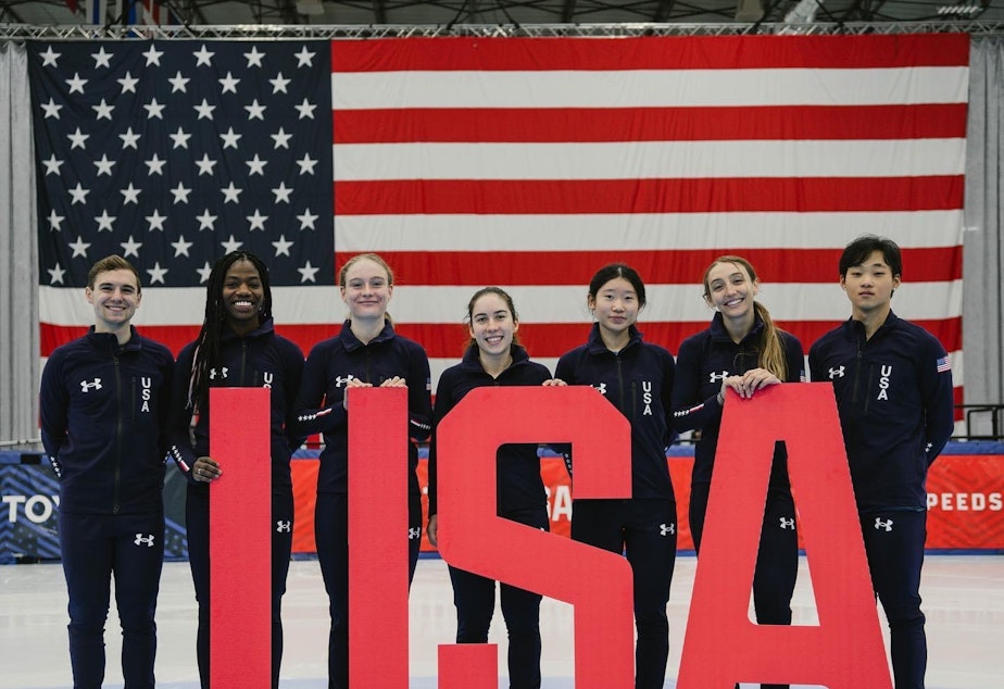 caption: Washingtonians Corinne Stoddard, third from left, of Federal Way and Eunice Lee, third from right, of Bellevue punched their tickets to Beijing at the 2022 U.S. Olympic Short Track Speedskating Team Trials in December.
