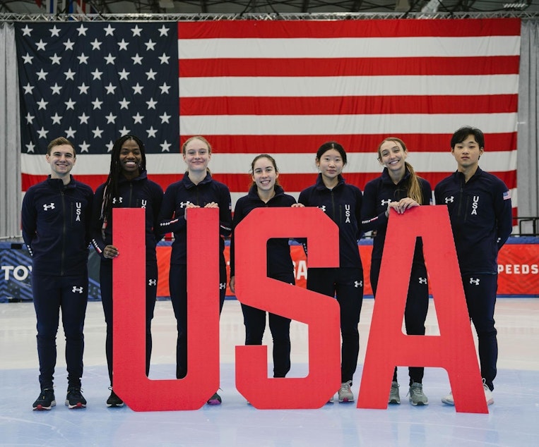 caption: Washingtonians Corinne Stoddard, third from left, of Federal Way and Eunice Lee, third from right, of Bellevue punched their tickets to Beijing at the 2022 U.S. Olympic Short Track Speedskating Team Trials in December.