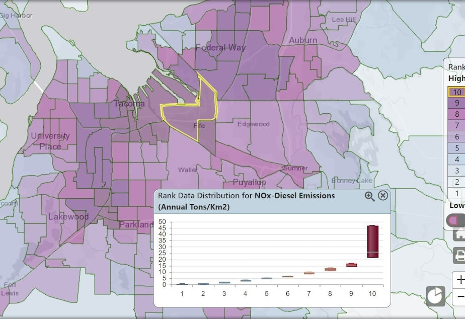 caption: Fife and parts of Tacoma have some of the state’s worst diesel pollution, according to the Washington Environmental Health Disparities Map, produced by the University of Washington and a consortium of government and non-profit groups. Jacquelyn Harris' Census district in Fife is highlighted.