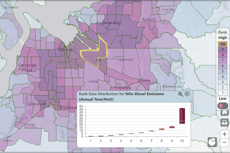 caption: Fife and parts of Tacoma have some of the state’s worst diesel pollution, according to the Washington Environmental Health Disparities Map, produced by the University of Washington and a consortium of government and non-profit groups. Jacquelyn Harris' Census district in Fife is highlighted.
