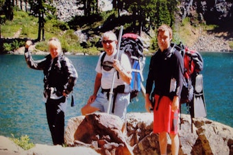 caption: Jerry Spring (center), pictured with daughter Vickie (left), and son Stephen during a 2006 hike.