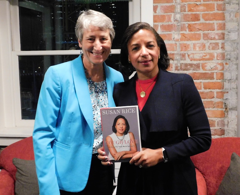 caption: Sally Jewell and Susan Rice at Town Hall Seattle