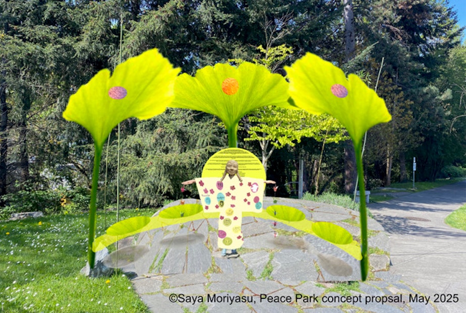 caption: Saya Moriyasu's concept art to replace the stolen Sadako Sasaki statue and restore the surrounding space at Seattle's Peace Park.