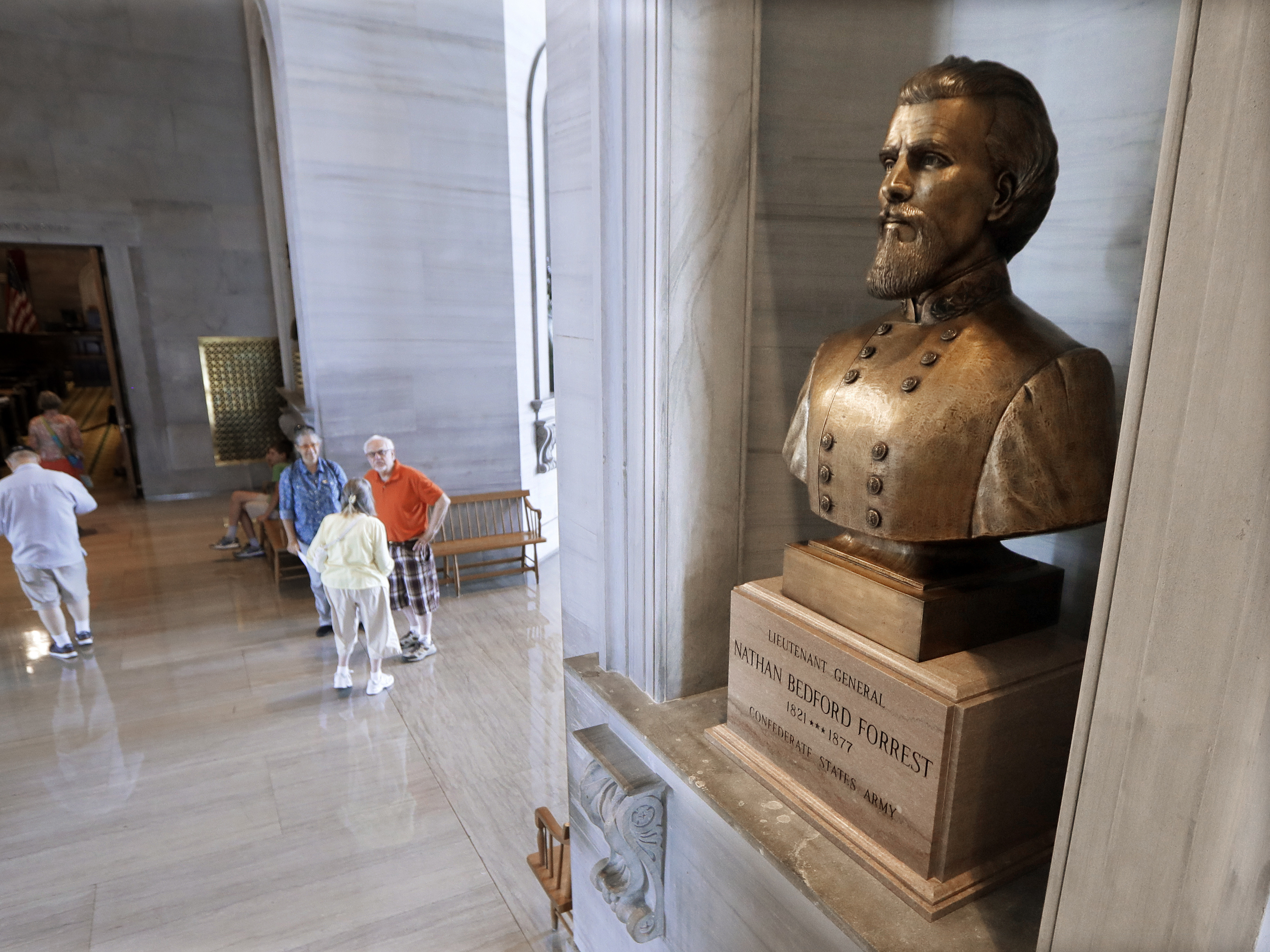caption: A bust of Nathan Bedford Forrest is displayed in the Tennessee State Capitol, in Nashville, Tenn.