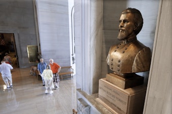 caption: A bust of Nathan Bedford Forrest is displayed in the Tennessee State Capitol, in Nashville, Tenn.