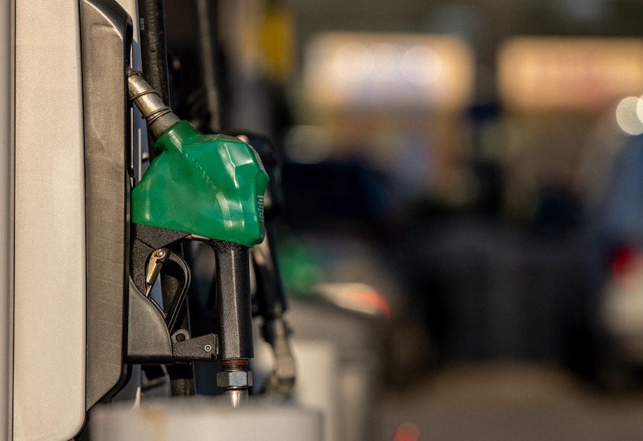 caption: A gas pump is seen at a Shell gas station in Houston on April 1.