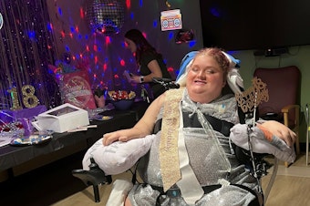 caption: Alexis Ratcliff attends her 18th birthday party at the hospital in Winston-Salem, N.C. She is a quadriplegic who uses a ventilator and has lived at Atrium Health Wake Forest Baptist since she was 13.