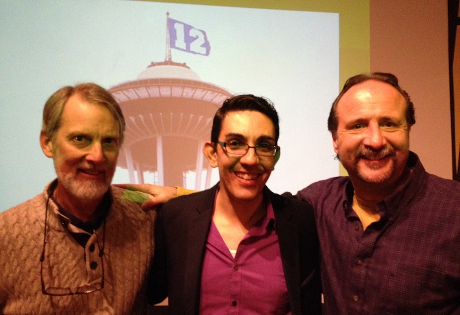 Islamic scholar David Fenner, Zaki Abdelhamid of Humanities Washington and editorial cartoonist Milt Priggee at a Think & Drink discussion concerning the Charlie Hebdo attacks in January.