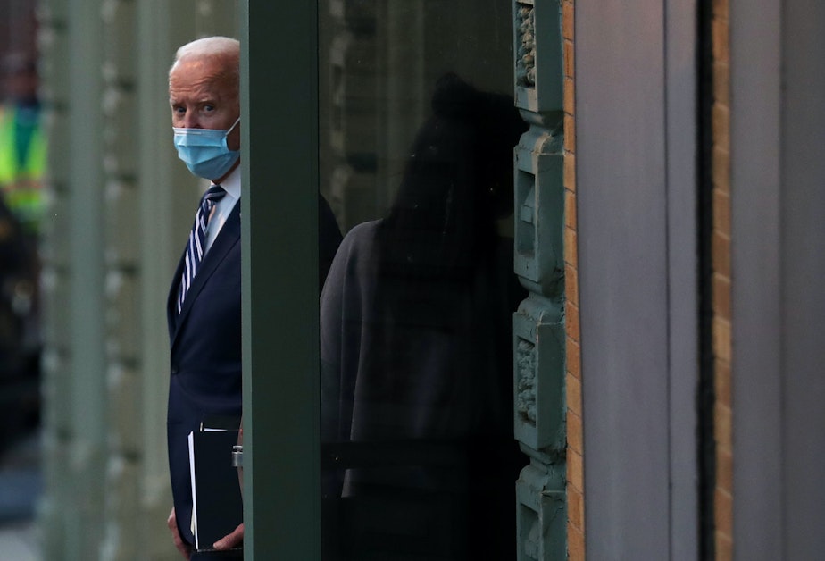 caption: President-elect Joe Biden leaves the Queen Theater where earlier in the day he addressed the media about the Trump Administration’s lawsuit to overturn the Affordable Care Act on November 10, 2020 in Wilmington, Delaware. (Joe Raedle/Getty Images)