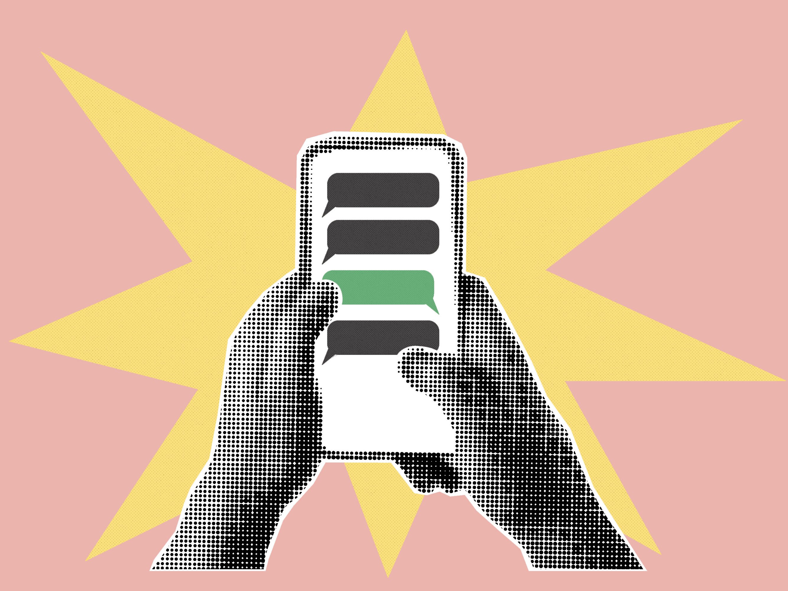 caption: Collage with a pair of hands in halftone style holding a cell phone showing alternating text message bubbles in gray and green. A yellow starburst with a coral background highlights the phone from behind.