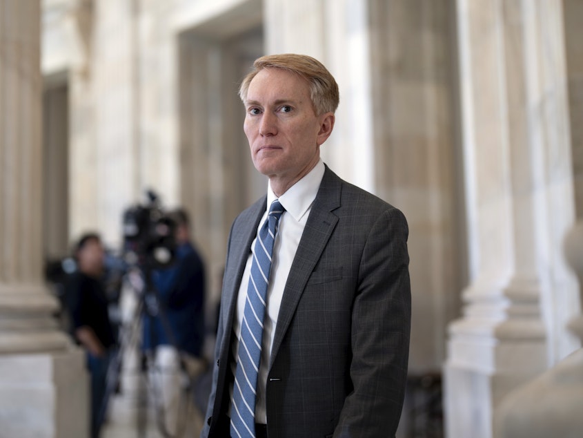 caption: Sen. James Lankford, R-Okla., told reporters that a planned vote on the bipartisan border bill he helped write could be doomed.