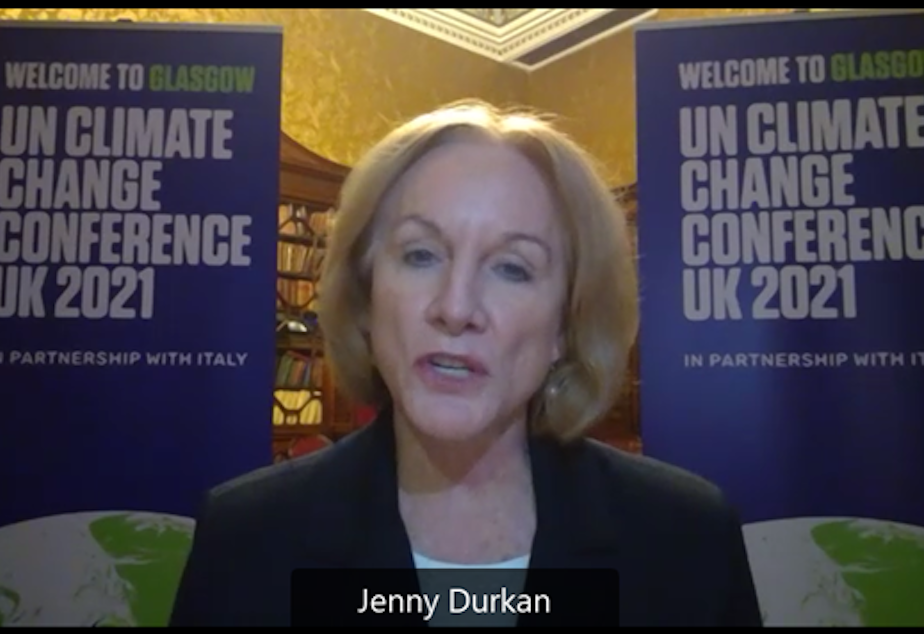 caption: Seattle Mayor Jenny Durkan speaks from the global climate talks in Glasgow, Scotland, Nov. 1, 2021. 
