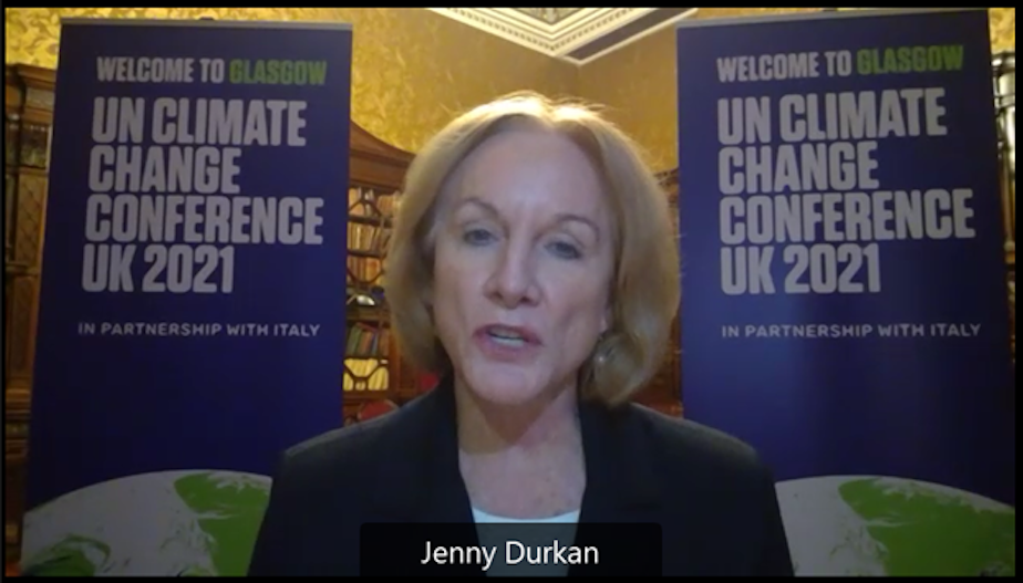caption: Seattle Mayor Jenny Durkan speaks from the global climate talks in Glasgow, Scotland, Nov. 1, 2021. 