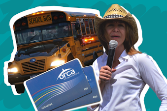 caption: Collage image showcasing various items (school bus, orca card, Hilary Franz) related to KUOW's news quiz for the week of November 13, 2023.