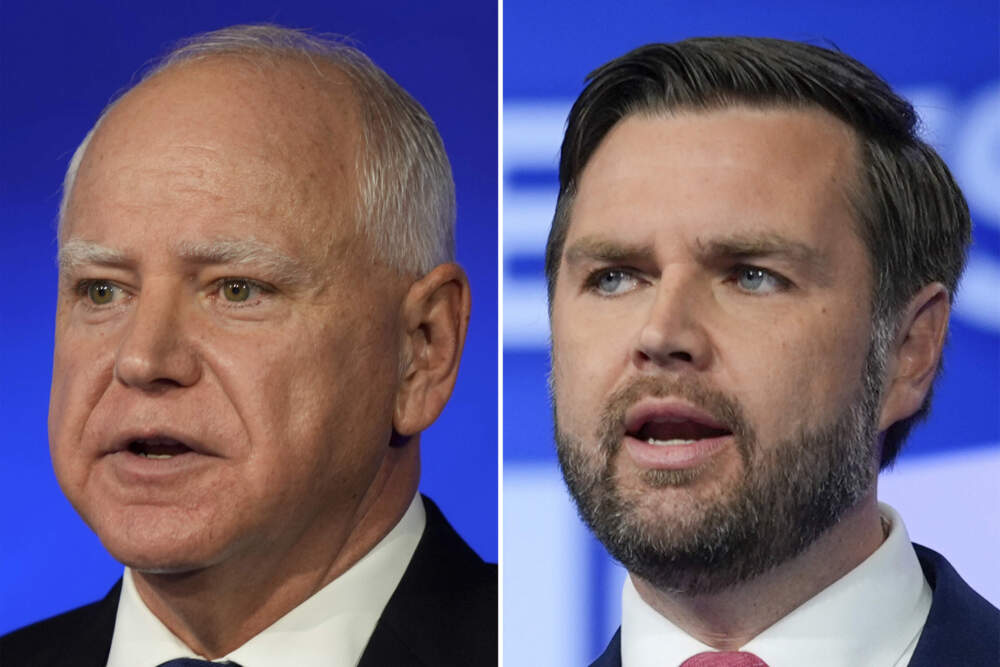caption: Democratic vice presidential nominee Minnesota Gov. Tim Walz, left, and Republican vice presidential nominee Sen. JD Vance, R-Ohio, right, during a vice presidential debate hosted by CBS News. (AP Photo)