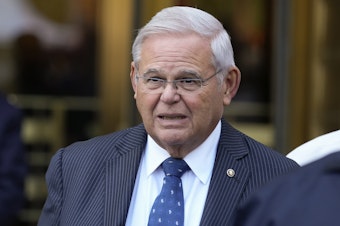 caption: Sen. Bob Menendez leaves federal court, Wednesday, Sept. 27, 2023, in New York. Menendez pled not guilty to federal charges alleging he used his powerful post to secretly advance Egyptian interests and carry out favors for local businessmen in exchange for bribes of cash and gold bars.