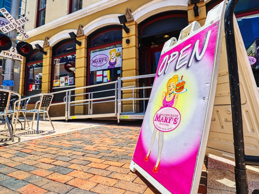 caption: The popular restaurant chain Hamburger Mary's, which features drag waitresses and family-friendly drag performances, has won a legal battle after filing a lawsuit against Florida's drag show ban. The chain's Orlando, Fla., restaurant is seen on June 13.