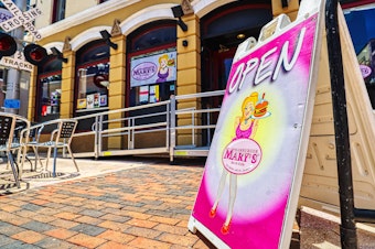 caption: The popular restaurant chain Hamburger Mary's, which features drag waitresses and family-friendly drag performances, has won a legal battle after filing a lawsuit against Florida's drag show ban. The chain's Orlando, Fla., restaurant is seen on June 13.