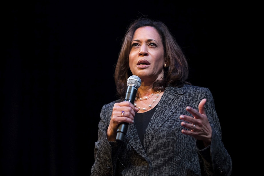 caption: Senator and Presidential candidate Kamala Harris speaks to the audience during a gun safety roundtable on Friday, September 27, 2019, at Langston Hughes Performing Arts Institute in Seattle.