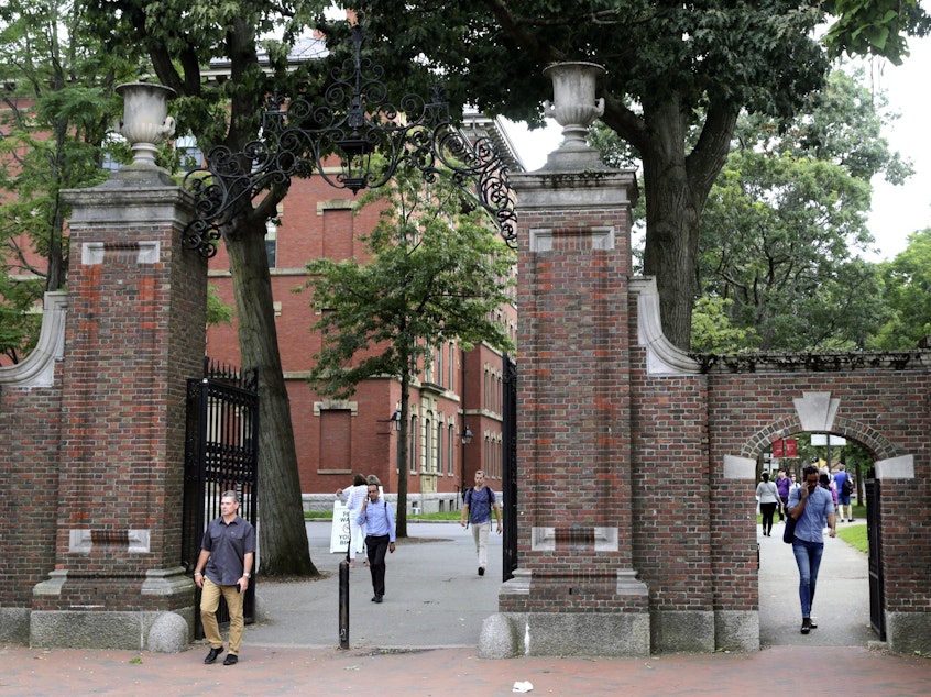 caption: Pedestrians in Harvard Yard in 2019. Schools and businesses have gone to court to stop the Trump administration from barring online-only international students from entering or staying in the United States.