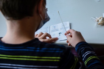 caption: A pupil wearing a face mask reads instructions for a coronavirus rapid test kit at the start of a lesson at an elementary school in Berlin on August 9, 2021.