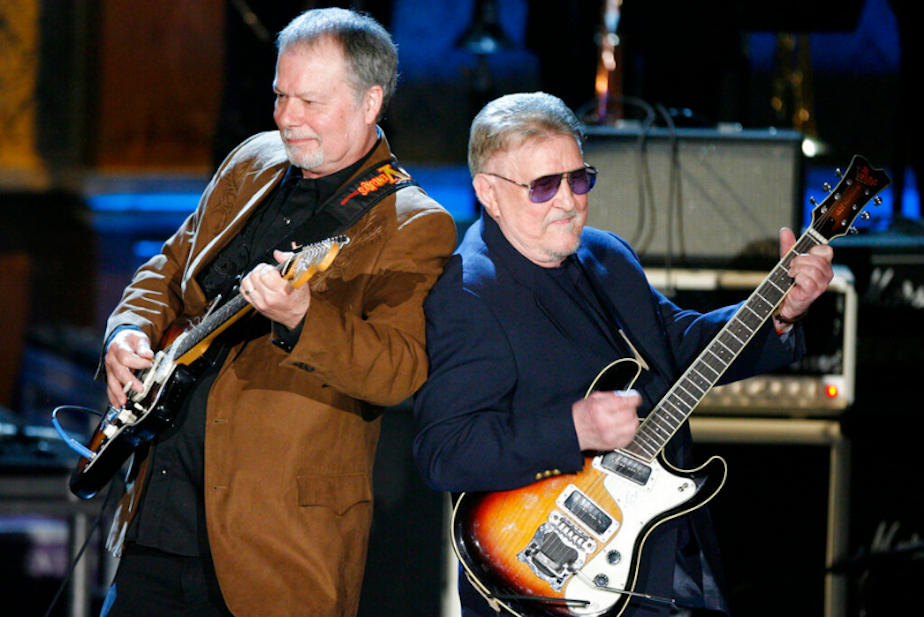 caption: Bob Spalding, left, and Don Wilson of The Ventures perform at the Rock and Roll Hall of Fame Induction Ceremony in New York, March 10, 2008. Don Wilson (right) was the co-founder and rhythm guitarist of the instrumental guitar band The Ventures.