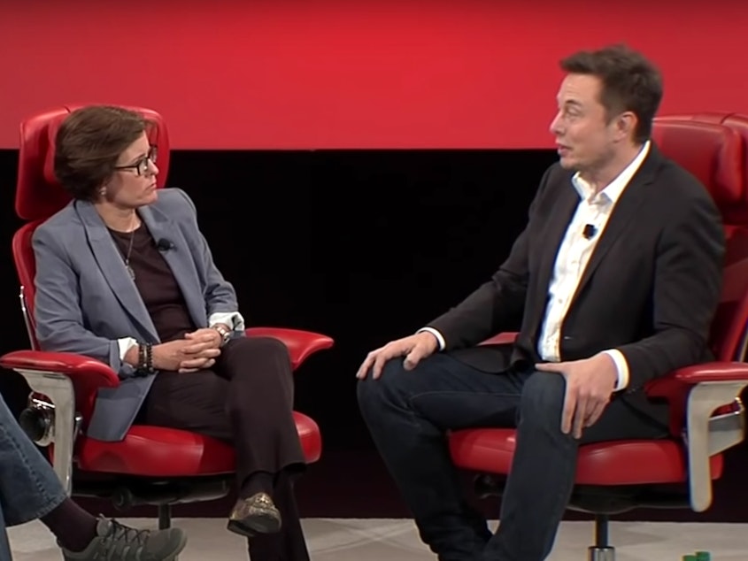 caption: Elon Musk speaking to journalists Kara Swisher and Walt Mossberg at a conference in 2016. Musk's lawyers recently tried to argue in court that comments he made at that event could have been altered.