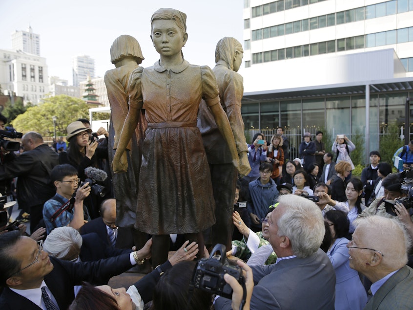 caption: The <em>Column of Strength</em> monument to "comfort women" was unveiled last year. This week, the mayor of Osaka, Japan, said he was withdrawing his city from a six-decade "sister city" relationship with San Francisco over objections to the statue.