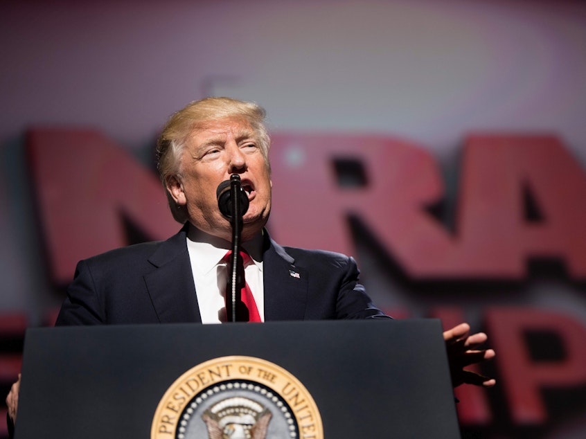 caption: President Donald Trump speaks during the National Rifle Association' Leadership Forum in Atlanta, on April 28, 2017.