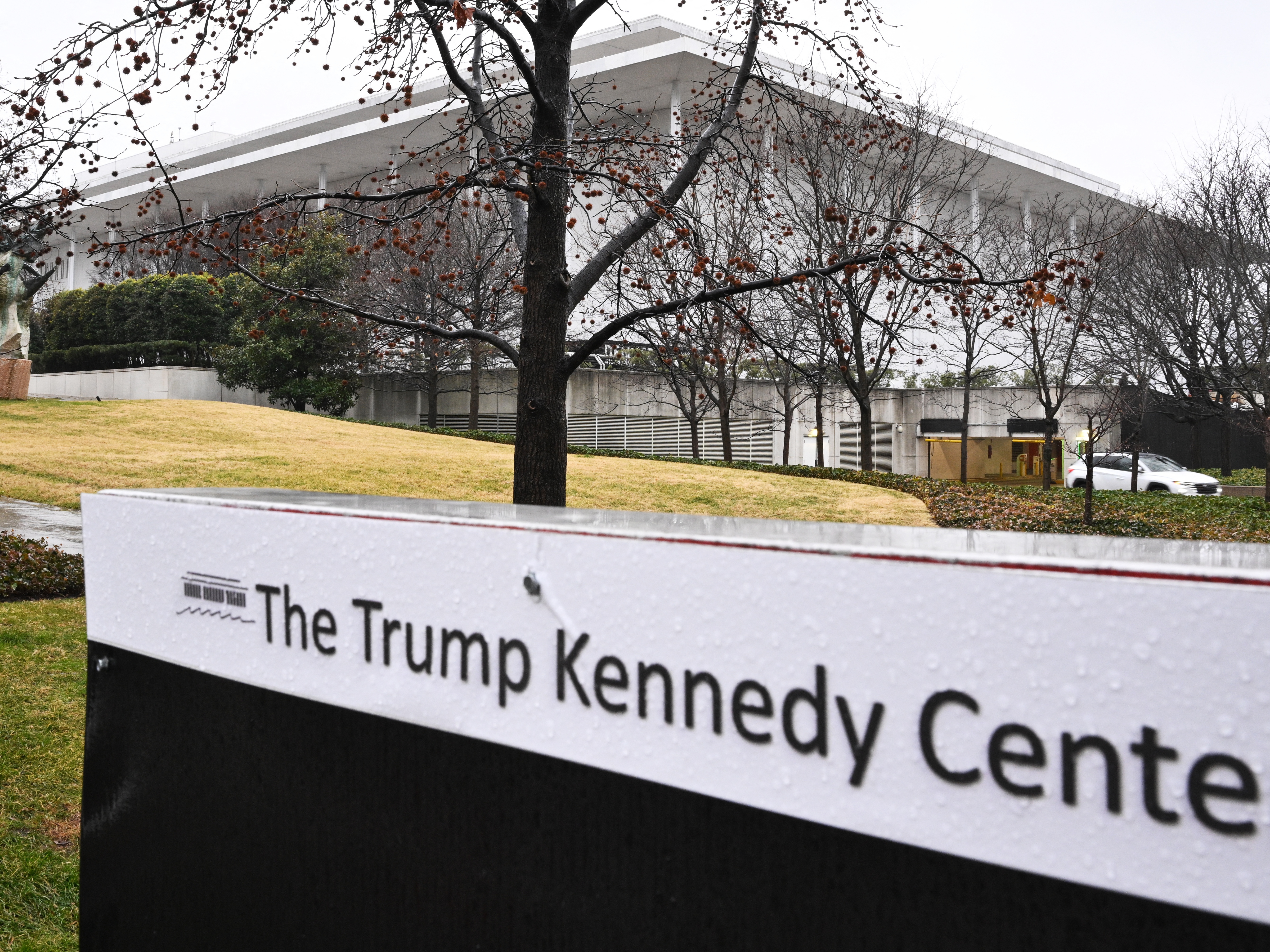 caption: A recently installed sign at the Kennedy Center in Washington, D.C., as photographed on Jan. 10. The center's name change has not been approved by Congress.