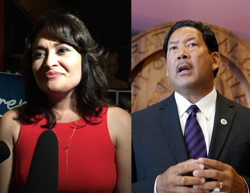 caption: Lorena Gonzalez and Bruce Harrell are the frontrunners in the primary for Seattle mayor on Tuesday, Aug. 3, 2021.