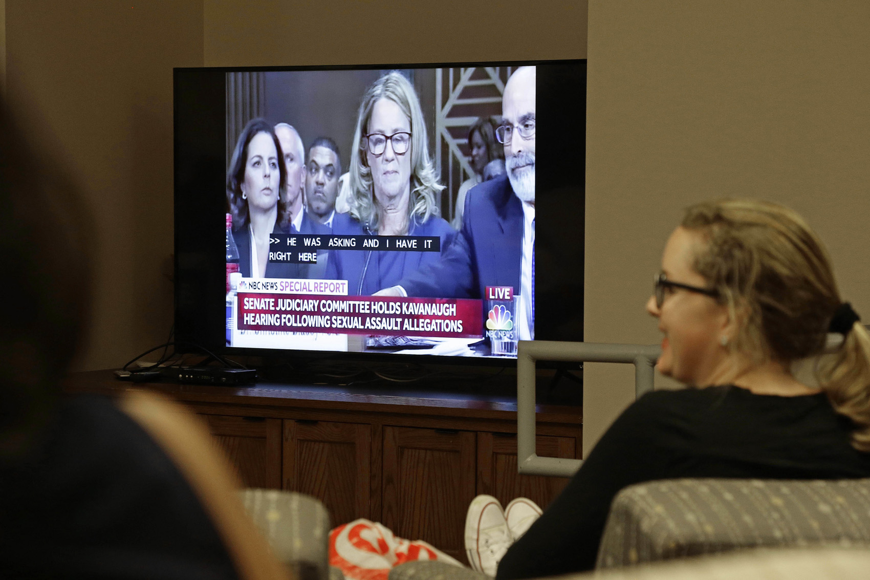 caption: Students at the University of North Carolina School of Law in Chapel Hill, N.C. watch Christine Blasey Ford as she testifies before the Senate Judiciary Committee Thursday, Sept. 27, 2018. (AP Photo/Gerry Broome)