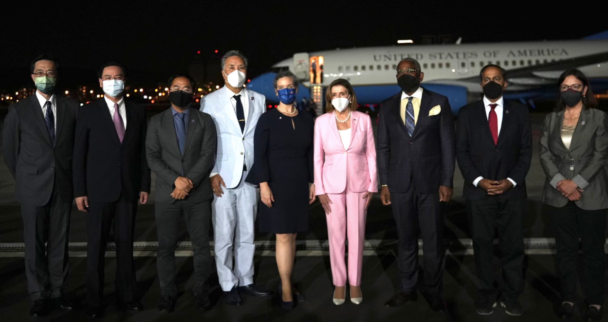 caption: House Speaker Nancy Pelosi, along with Washington Congresswoman Suzan DelBene, makes a stop in Taiwan Aug. 2, 2022 while on an Indo-Pacific tour. 