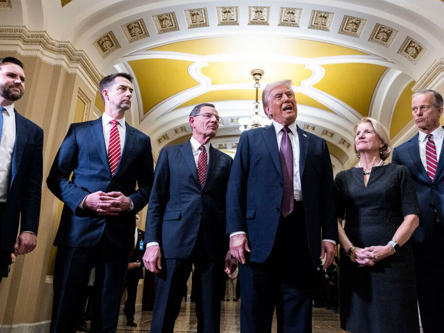 caption: From left: U.S. Vice President JD Vance, Senator Tom Cotton, a Republican from Arkansas, Senator John Barrasso, a Republican from Wyoming, President Donald Trump, Senator Shelley Moore Capito, a Republican from West Virginia, and Senate Majority Leader John Thune, a Republican from South Dakota, speak to the media on Jan. 8, 2025.