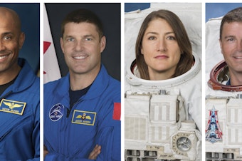 caption: This combination of photos shows, from left, astronauts Victor Glover, Jeremy Hansen, Christina Koch, and Reid Wiseman.