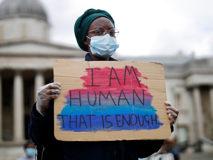 caption: A protester photographed in Trafalgar Square in central London on June 5, 2020.