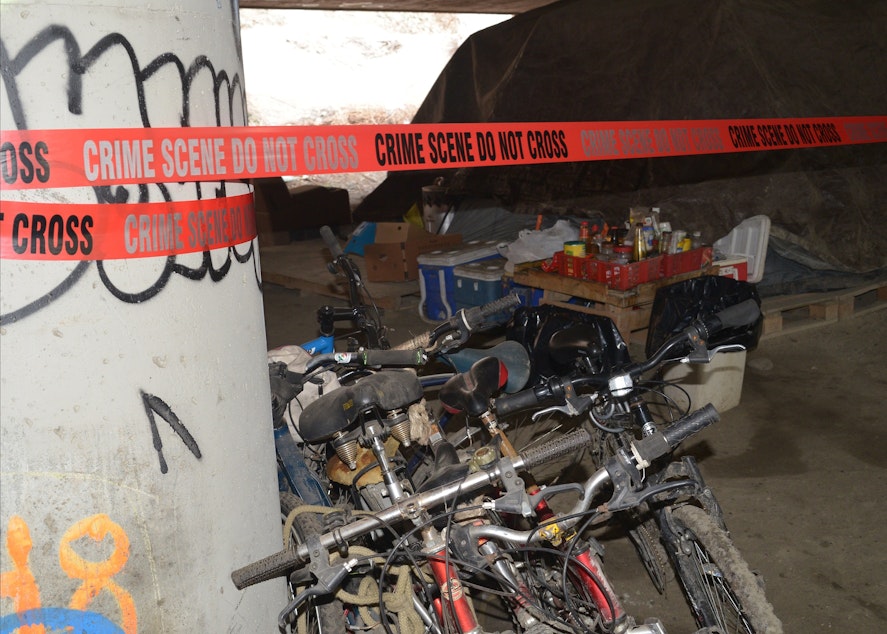 caption: Police tape marks the scene of a shooting the left two people dead and three wounded in a homeless camp known as 'The Jungle,' under Interstate 5 in Seattle.