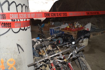 caption: Police tape marks the scene of a shooting the left two people dead and three wounded in a homeless camp known as 'The Jungle,' under Interstate 5 in Seattle.