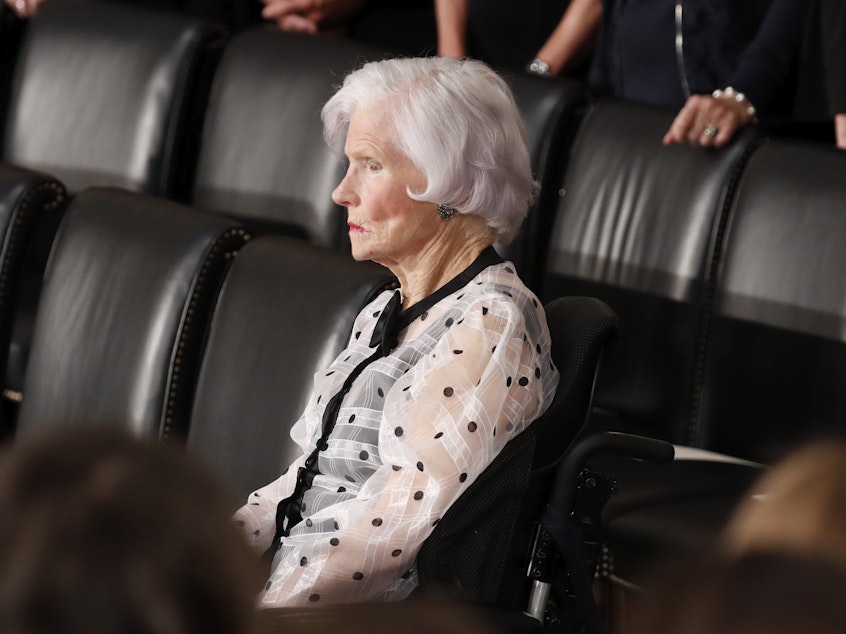caption: Roberta McCain, the mother of late U.S. Senator John McCain, is seated prior to ceremonies honoring him in the Capitol Rotunda, Aug. 31, 2018