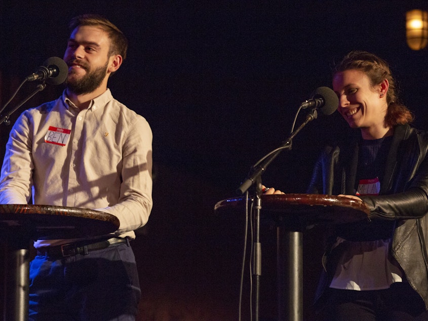 caption: Contestants Ben Kafoglis and Melanie Klerer appear on <em>Ask Me Another</em> at the Bell House in Brooklyn, New York.