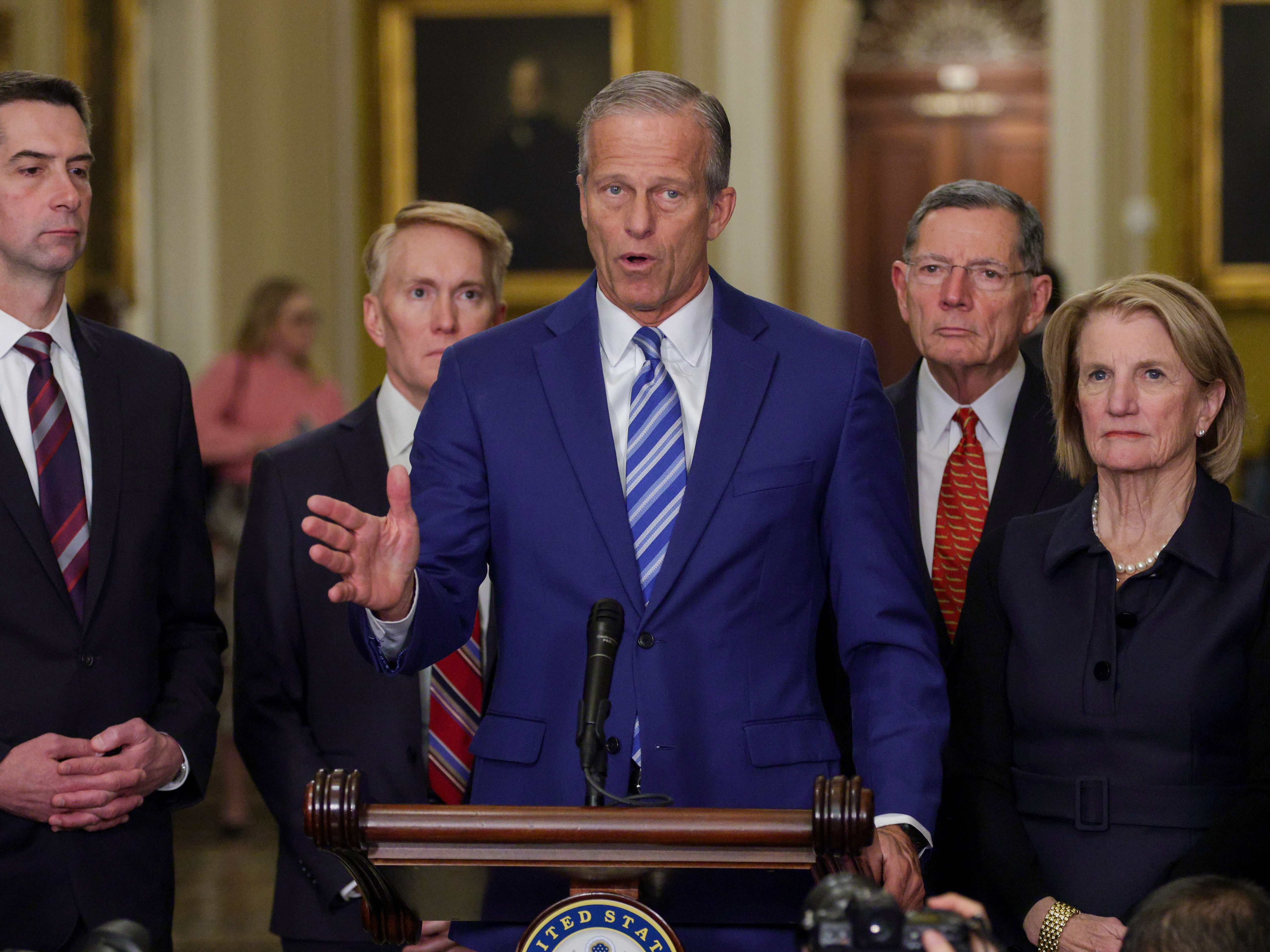caption: Senate Majority Leader Sen. John Thune, R-S.D. spoke to reporters on Tuesday during a news briefing following a weekly Senate Republican policy luncheon at the Capitol.