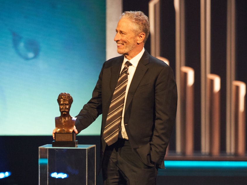 caption: Jon Stewart accepts the Mark Twain Prize for American Humor at The Kennedy Center in Washington, D.C.