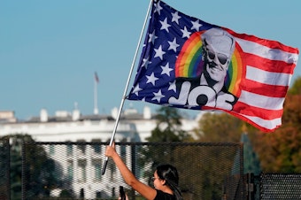 caption: A woman waves a Joe Biden flag during celebrations of his presidential victory on Black Lives Matter Plaza across from the White House on Saturday.