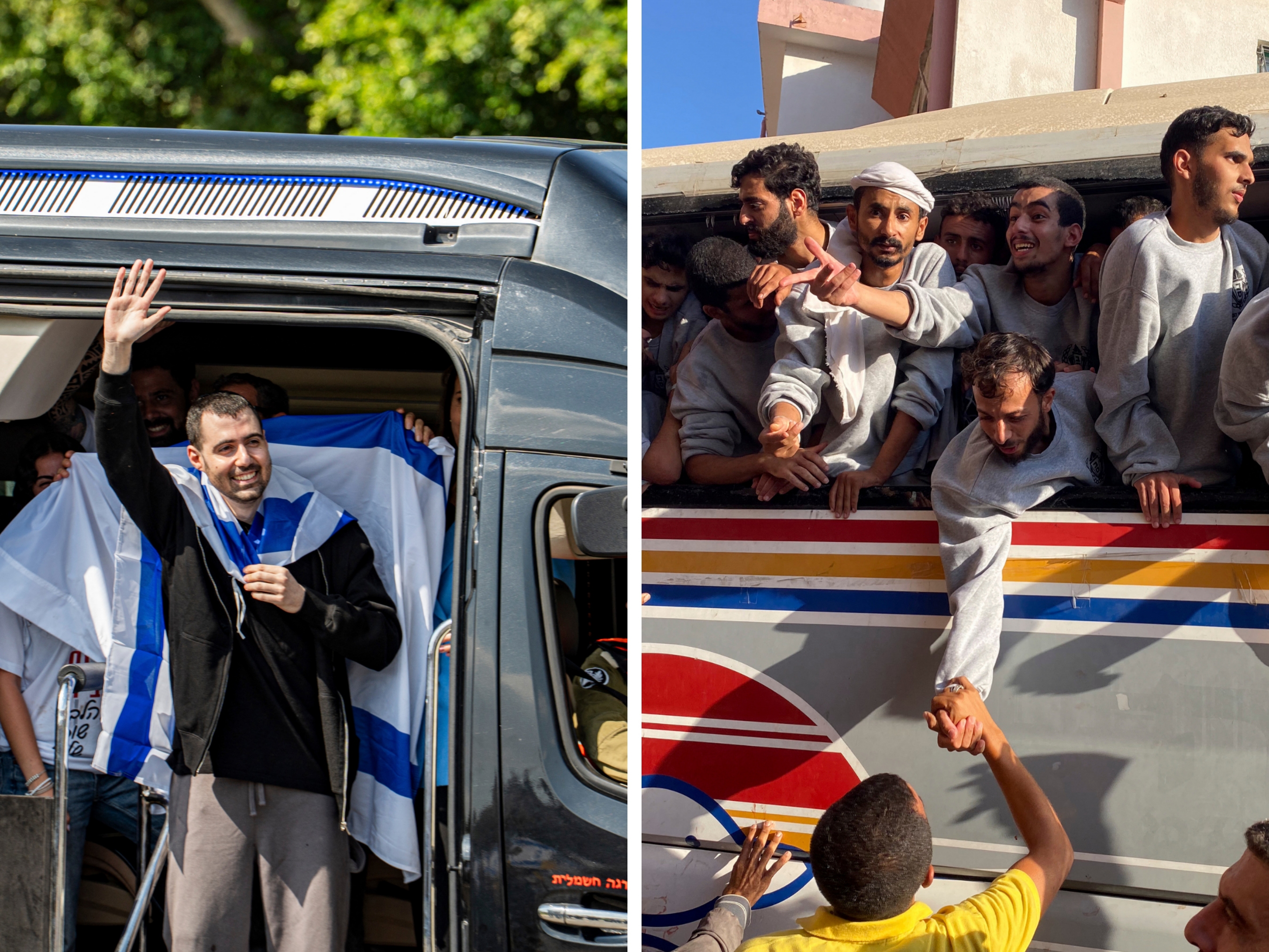 caption: Left: Released hostage Guy Gilboa Dalal is escorted into Beilinson Hospital in Israel on Monday. Right: Palestinians released from Israeli prisons under a Gaza ceasefire and hostage exchange deal with Palestinian factions, arrive at the Nasser hospital in Khan Yunis in the southern Gaza Strip on Monday.