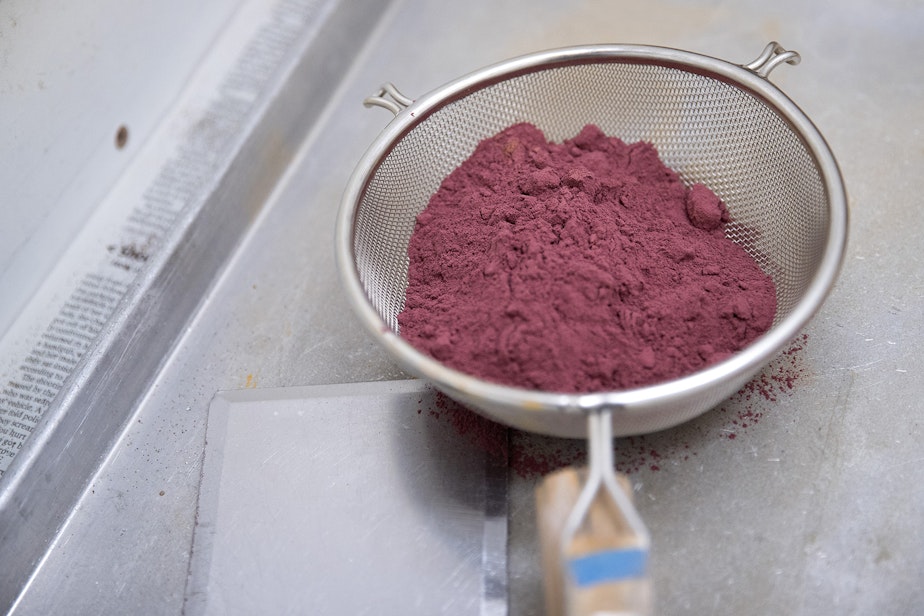 caption: A powder that is used to color the glass is shown on Tuesday, December 11, 2018, at Preston Singletary's studio in Seattle. 