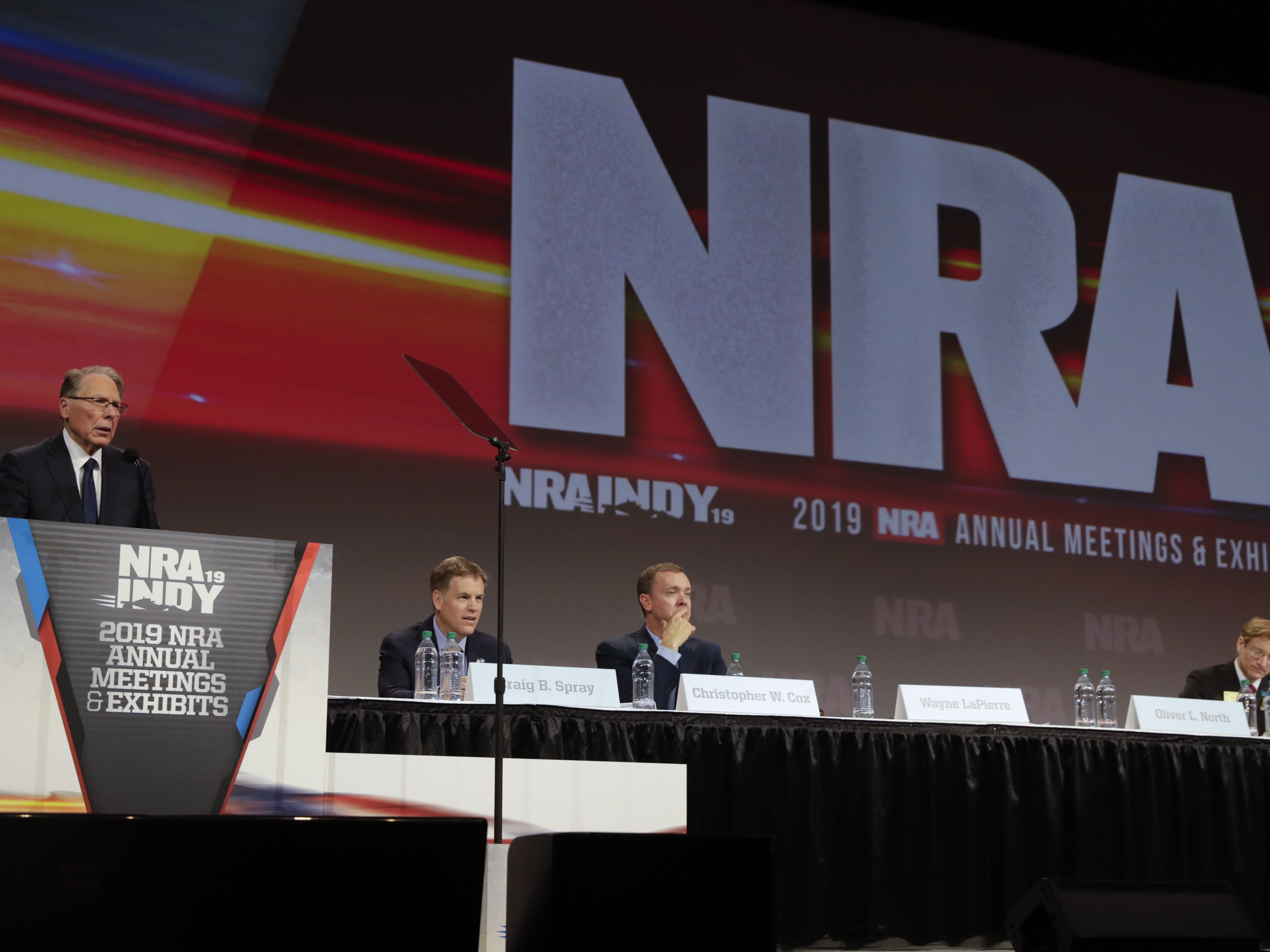 caption: National Rifle Association Chief Executive Wayne LaPierre speaks at the NRA Annual Meeting in Indianapolis in April.