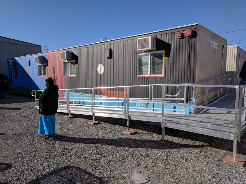 caption: Eagle Village offers temporary housing in modular units for Native people experiencing homelessness