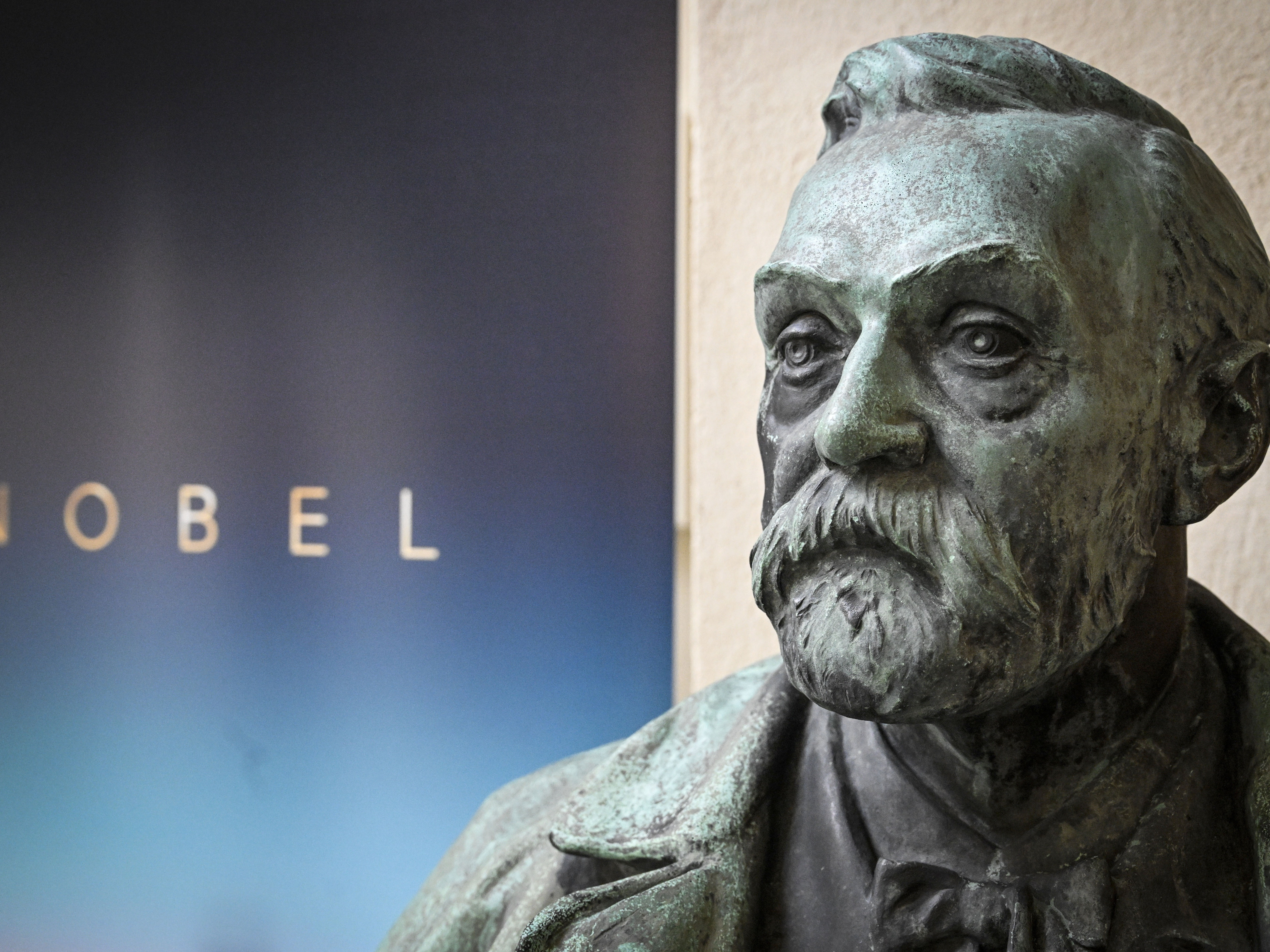 caption: A bust of Alfred Nobel on display following a press conference at the Karolinska Institute in Stockholm, Sweden, on Monday.