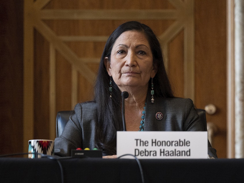 caption: Rep. Deb Haaland, D-N.M., during her Senate hearing Tuesday to be Interior Secretary. If confirmed, she would be the first Native American to hold the post.